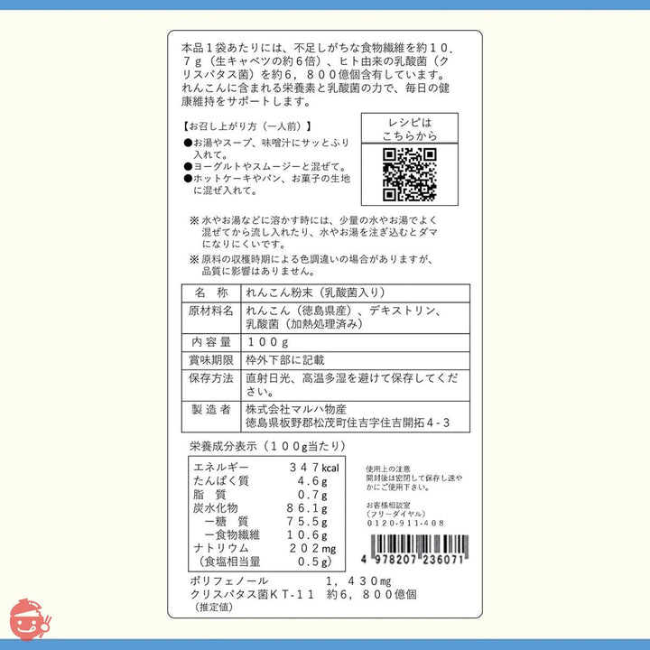 徳島産れんこんパウダー乳酸菌プラス 100g(徳島産れんこん 保存料不使用)の画像