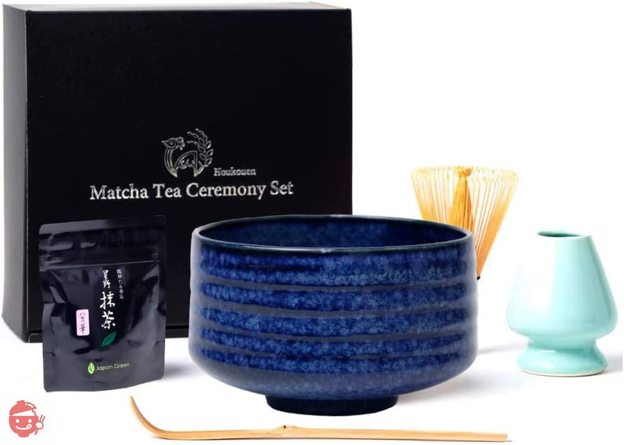 芳香園 茶道具 お抹茶6点セット (抹茶 抹茶茶碗 茶筅 茶筅くせ直し 茶杓 説明書) (蒼彩釉茶碗)の画像