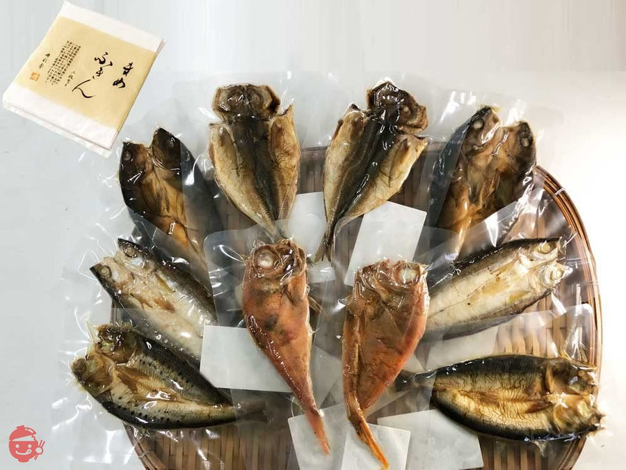 骨まで食べられる焼き魚「まるごとくん」5種計10枚セット(丹彩舎製 まめふきん付)金目鯛半身、あじ、いわし、かます、ほっけ、各2食バラエティ10食セットの画像