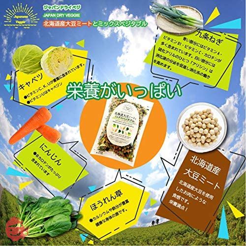 ジャパンドライベジ 北海道大豆ミートとミックスベジタブル(北海道産大豆100%のみで作られた大豆ミートと国産野菜のミックス)100g 無添加 乾燥野菜 みそ汁の具 カップ麵 ラーメン インスタント スープ 非常食 (1袋)の画像