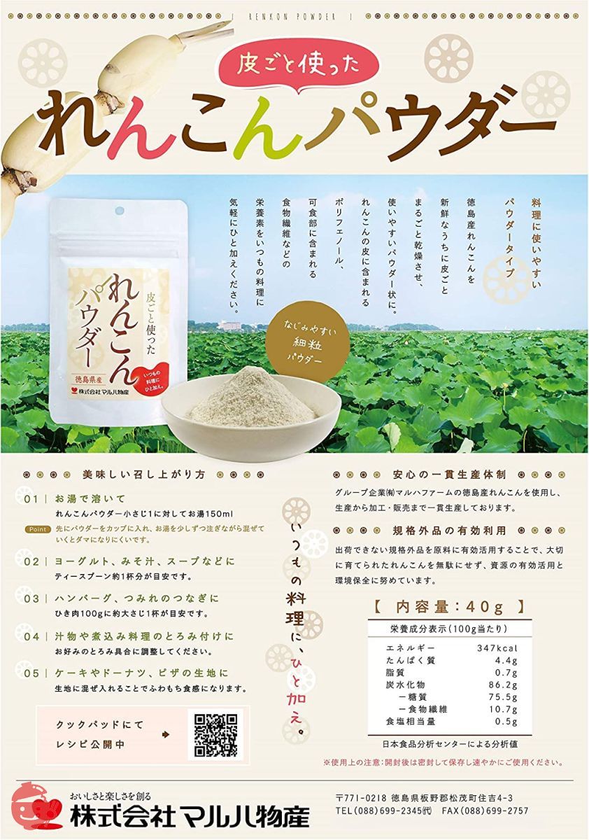 皮ごと使った 徳島産 れんこんパウダー 40g(徳島産れんこん100% 保存料不使用 )の画像