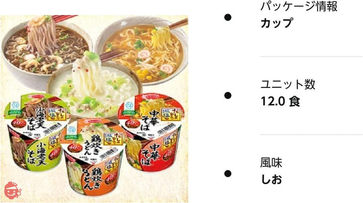 ミニカップめん エースコック かるしお認定 だしの旨みで減塩詰め合わせ 3種類 各4個 1箱:12食入りの画像