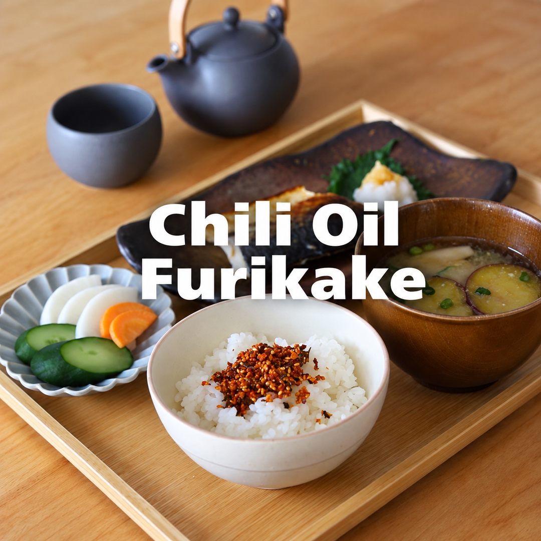 Square image of a Japanese breakfast with Kyoto chili oil furikake rice, grilled mackerel, and miso soup