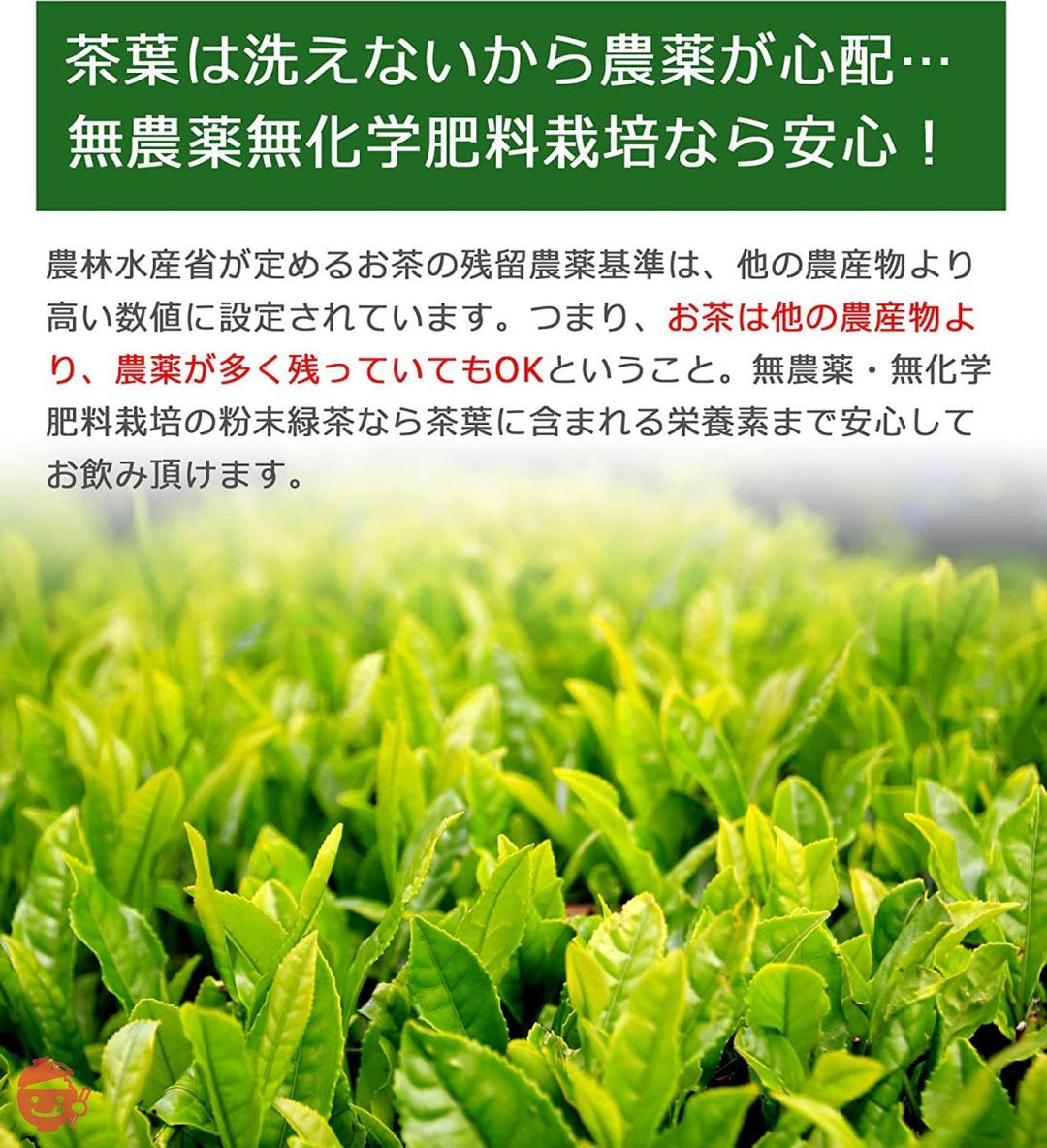 静岡県産 一番茶使用 カテキンまるごと粉末緑茶 無農薬・無化学肥料栽培 栄養まるごと食べるお茶 湯飲み200杯分 100g入 (2袋)の画像