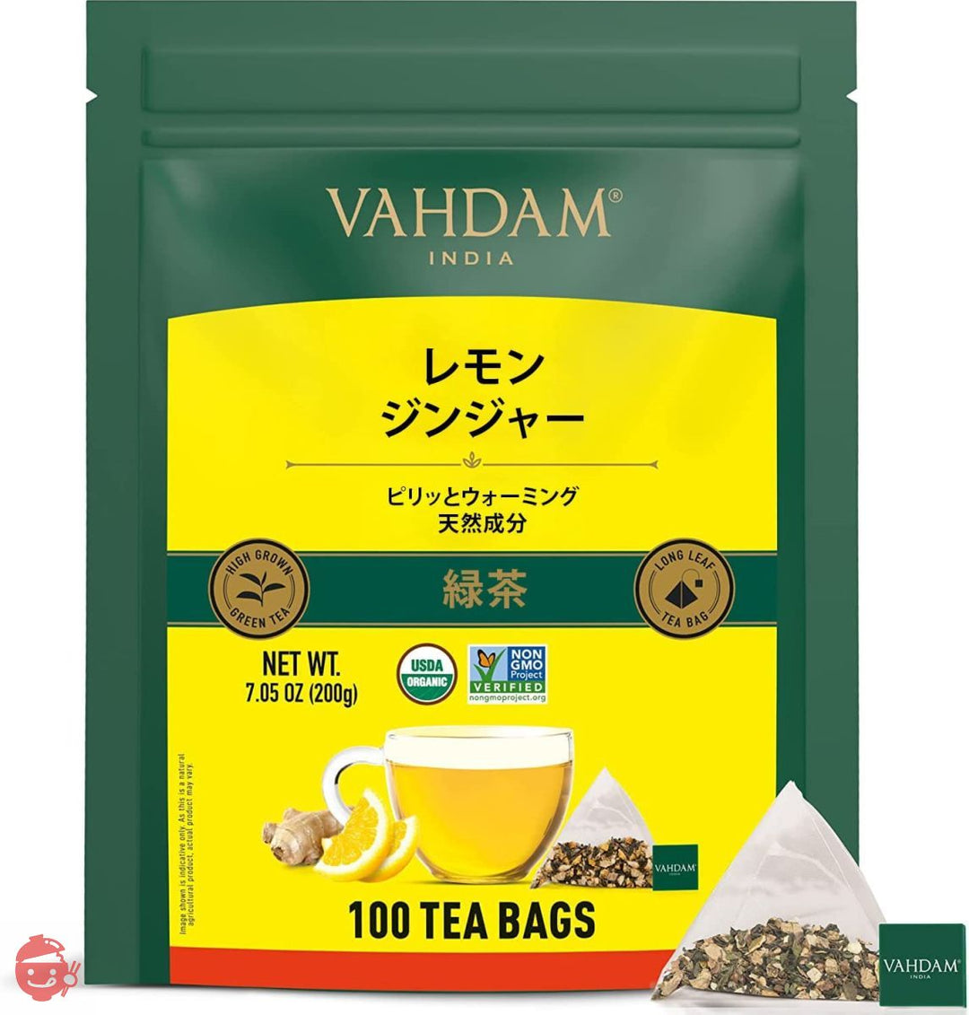 VAHDAM, レモンジンジャーティー（100個入りお茶バッグ）100％天然原料レモン＋ジンジャー＋ホーリーバジル＋胡椒｜ピラミッド緑茶ティーバッグ｜フルティ香りのレモンティー、密封できるジップロック袋入り。の画像