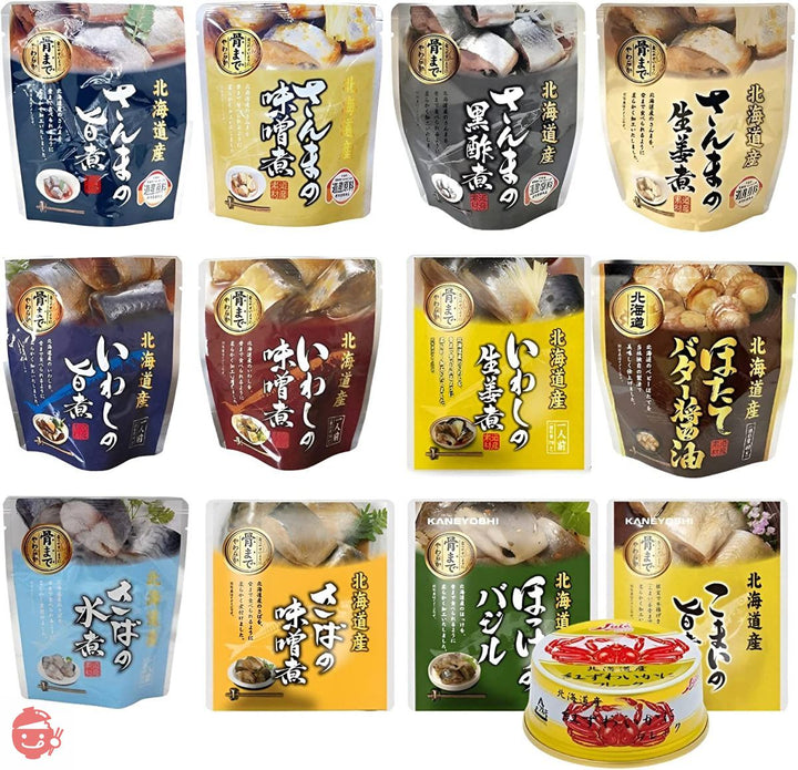 【北海道産 レトルト食品 レンジ 湯煎で簡単 おかず詰め合わせ 缶詰付き】 魚 おかず 煮魚 惣菜 おとりよせ グルメ ご飯のお供 詰め合わせ 防災 非常食 保存食 ギフト プレゼント 簡単おかず 災害対策 (Ⓐ1セット / 12個＋缶詰1個)の画像